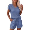 CHICME 2 Piece Short Sets for Women Ribbed Knit Lounge Outfits(Blue)