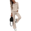 CHICME Women’s 2 Piece Ribbed Knit Lounge Set Wide Leg Pants(Apricot)