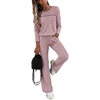 CHICME Women’s 2 Piece Ribbed Knit Lounge Set Wide Leg Pants(Pink)