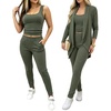CHICME Women’s 3 Piece Lounge Set Knit Cardigan High Waist Casual Pants Set(Green)