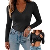 CHICME Women’s Built-in Bra Long Sleeve Ribbed Knit Top(Black)