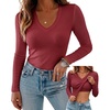 CHICME Women’s Built-in Bra Long Sleeve Ribbed Knit Top(E-wine Red)