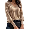 CHICME Women’s Long Sleeve Dressy Casual Lace Trim V-Neck Basic Tops(Coffee)