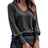 CHICME Women’s Long Sleeve Dressy Casual Lace Trim V-Neck Basic Tops(Dark Grey)