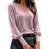 CHICME Women’s Long Sleeve Dressy Casual Lace Trim V-Neck Basic Tops(Pink)