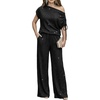 CHICME Women’s Rhinestone 2 Piece Set Cold Shoulder Top Wide Leg Pants(A-black)