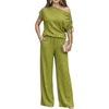 CHICME Women’s Rhinestone 2 Piece Set Cold Shoulder Top Wide Leg Pants(Green)