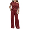 CHICME Women’s Rhinestone 2 Piece Set Cold Shoulder Top Wide Leg Pants(Wine Red)