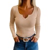 CHICME Women’s Ribbed Knit Long Sleeve Henley Tops Basic Tees(Khaki)