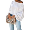 CHICME Women’s Satin Off Shoulder Top Skew Neck Lantern Sleeve Blouse(Beige)