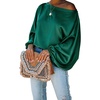 CHICME Women’s Satin Off Shoulder Top Skew Neck Lantern Sleeve Blouse(Emerald)