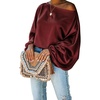 CHICME Women’s Satin Off Shoulder Top Skew Neck Lantern Sleeve Blouse(Wine Red)