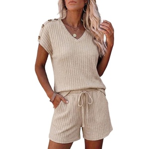 CHICME 2 Piece Short Sets for Women Ribbed Knit Lounge Outfits(Apricot)