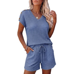 CHICME 2 Piece Short Sets for Women Ribbed Knit Lounge Outfits(Blue)