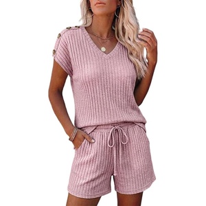 CHICME 2 Piece Short Sets for Women Ribbed Knit Lounge Outfits(Pink)