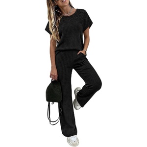 CHICME Women’s 2 Piece Knit Lounge Set Short Sleeve(Black)