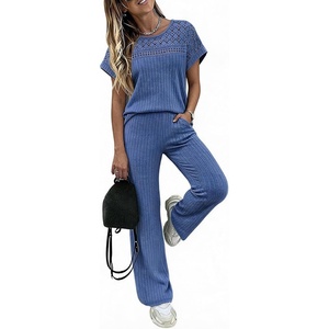 CHICME Women’s 2 Piece Knit Lounge Set Short Sleeve(Blue)