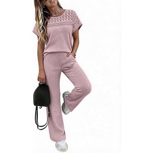 CHICME Women’s 2 Piece Knit Lounge Set Short Sleeve(Pink)