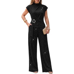 CHICME Women’s 2 Piece Rhinestone Textured Dressy Wide Leg Pants Set(Black)