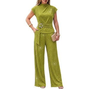 CHICME Women’s 2 Piece Rhinestone Textured Dressy Wide Leg Pants Set(Green)