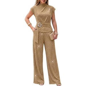 CHICME Women’s 2 Piece Rhinestone Textured Dressy Wide Leg Pants Set(Khaki)