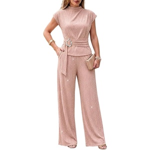 CHICME Women’s 2 Piece Rhinestone Textured Dressy Wide Leg Pants Set(Pink)