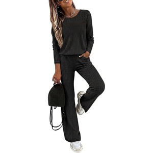 CHICME Women’s 2 Piece Ribbed Knit Lounge Set Wide Leg Pants(Black)