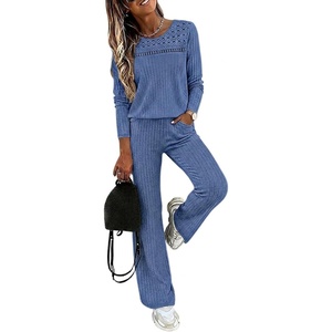 CHICME Women’s 2 Piece Ribbed Knit Lounge Set Wide Leg Pants(Blue)