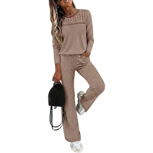 CHICME Women’s 2 Piece Ribbed Knit Lounge Set Wide Leg Pants(Darkkhaki)
