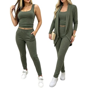 CHICME Women’s 3 Piece Lounge Set Knit Cardigan High Waist Casual Pants Set(Green)