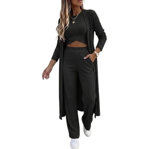 CHICME Women’s 3 Piece Lounge Set Ribbed Cardigan Tank Wide Leg Pant(Black)