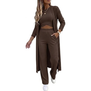 CHICME Women’s 3 Piece Lounge Set Ribbed Cardigan Tank Wide Leg Pant(Dark Brown)