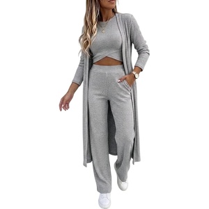 CHICME Women’s 3 Piece Lounge Set Ribbed Cardigan Tank Wide Leg Pant(Gray)
