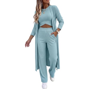 CHICME Women’s 3 Piece Lounge Set Ribbed Cardigan Tank Wide Leg Pant(Lighted Blue)