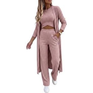 CHICME Women’s 3 Piece Lounge Set Ribbed Cardigan Tank Wide Leg Pant(Pink)