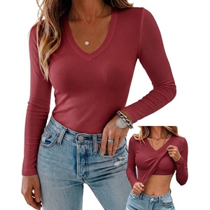 CHICME Women’s Built-in Bra Long Sleeve Ribbed Knit Top(E-wine Red)