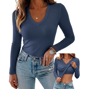 CHICME Women’s Built-in Bra Long Sleeve Ribbed Knit Top(I-purplish Blue)