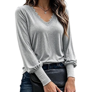 CHICME Women’s Long Sleeve Dressy Casual Lace Trim V-Neck Basic Tops(Gray)