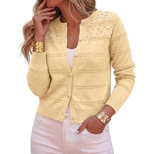 CHICME Womens Pearl Beaded Knit Cardigan Long Sleeve Cropped Sweater(Light Yellow)