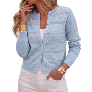 CHICME Womens Pearl Beaded Knit Cardigan Long Sleeve Cropped Sweater(Lighted Blue)