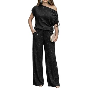 CHICME Women’s Rhinestone 2 Piece Set Cold Shoulder Top Wide Leg Pants(A-black)