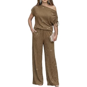CHICME Women’s Rhinestone 2 Piece Set Cold Shoulder Top Wide Leg Pants(Dark Brown)