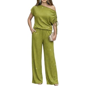 CHICME Women’s Rhinestone 2 Piece Set Cold Shoulder Top Wide Leg Pants(Green)