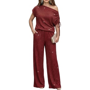 CHICME Women’s Rhinestone 2 Piece Set Cold Shoulder Top Wide Leg Pants(Wine Red)