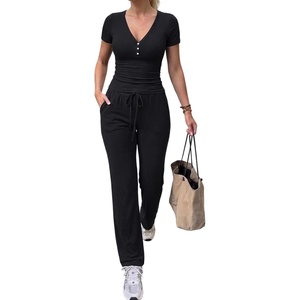 CHICME Women’s Ribbed Knit Lounge Set Henley Top and Pants(Black)