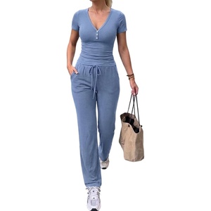 CHICME Women’s Ribbed Knit Lounge Set Henley Top and Pants(Blue)