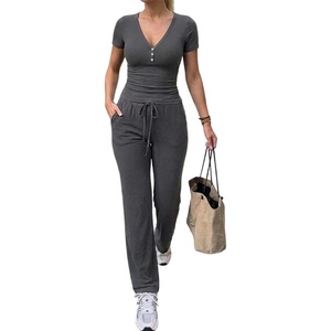 CHICME Women’s Ribbed Knit Lounge Set Henley Top and Pants(Dark Grey)