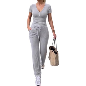 CHICME Women’s Ribbed Knit Lounge Set Henley Top and Pants(Light Gray)