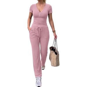 CHICME Women’s Ribbed Knit Lounge Set Henley Top and Pants(Light Pink)