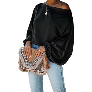 CHICME Women’s Satin Off Shoulder Top Skew Neck Lantern Sleeve Blouse(Black)